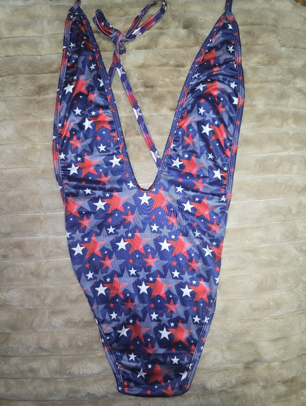 Star Print Deep V One-Piece Swimsuit - Red, White & Blue